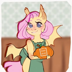 Size: 1440x1440 | Tagged: safe, artist:zakkurro, fluttershy, bat pony, anthro, g4, apron, bat ponified, blushing, clothes, colored pupils, female, flutterbat, indoors, looking at you, mare, naked apron, partial nudity, pumpkin, race swap, smiling, smiling at you, solo, spread wings, wings