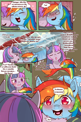 Size: 960x1440 | Tagged: safe, artist:cold-blooded-twilight, edit, rainbow dash, twilight sparkle, pegasus, pony, unicorn, cold blooded twilight, comic:cold storm (ru), g4, adorkable, blushing, blushing profusely, clothes, comic, cute, dashabetes, dialogue, dock, dork, drool, embarrassed, eyes closed, flustered, glowing, glowing eyes, happy, heart, horn, hug, leggings, looking at each other, looking at someone, looking up, lore, raised tail, shivering, tail, translation, translator:agent00k0t, unicorn twilight