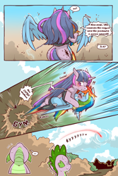 Size: 960x1440 | Tagged: safe, artist:cold-blooded-twilight, edit, rainbow dash, spike, twilight sparkle, dragon, pegasus, pony, unicorn, cold blooded twilight, comic:cold storm (ru), g4, blushing, clothes, cloud, cloudy, comic, dialogue, electricity, eyes closed, flying, horn, hug, leggings, looking up, magic, smiling, speech bubble, speed lines, sweat, take off, translation, translator:agent00k0t, unicorn twilight