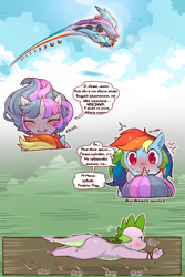 Size: 960x1440 | Tagged: safe, artist:cold-blooded-twilight, edit, rainbow dash, spike, twilight sparkle, dragon, pegasus, pony, unicorn, cold blooded twilight, comic:cold storm (ru), g4, blushing, clothes, cloud, comic, dialogue, female, flying, horn, leggings, lesbian, looking at each other, looking at someone, quadrupedal spike, rainbow trail, running, shaking, ship:twidash, shipping, smiling, speech bubble, speed lines, spread wings, sweat, translation, translator:agent00k0t, unicorn twilight, wings