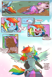 Size: 960x1440 | Tagged: safe, artist:cold-blooded-twilight, edit, rainbow dash, twilight sparkle, pegasus, pony, unicorn, cold blooded twilight, comic:cold storm (ru), g4, blushing, chest fluff, clothes, cloud, comic, dialogue, eyes closed, faceplant, female, horn, laughing, leggings, lesbian, looking at each other, looking at someone, mud, mud mask, onomatopoeia, pain, rainbow trail, raspberry, raspberry noise, reaching, ship:twidash, shipping, smiling, socks, speech bubble, spread wings, stockings, thigh highs, translation, translator:agent00k0t, unicorn twilight, wings