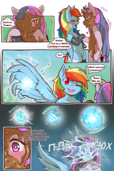 Size: 960x1440 | Tagged: safe, artist:cold-blooded-twilight, edit, rainbow dash, twilight sparkle, pegasus, pony, unicorn, semi-anthro, cold blooded twilight, comic:cold storm (ru), g4, arm hooves, bipedal, blushing, chest fluff, clothes, comic, condensation, dialogue, female, holding, holding hooves, horn, laughing, leggings, lesbian, looking at each other, looking at someone, magic, mud, mud mask, one eye closed, one eye covered, pegasus magic, ship:twidash, shipping, smiling, socks, speech bubble, splashing, spread wings, stockings, thigh highs, translation, translator:agent00k0t, unicorn twilight, wet, wings, wink