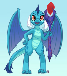 Size: 1280x1445 | Tagged: safe, artist:pabbley, princess ember, dragon, g4, 2016, 30 minute art challenge, bloodstone scepter, cute, dragoness, emberbetes, female, gradient background, looking at you, open mouth, signature, smiling, smiling at you, wings