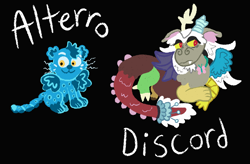 Size: 1950x1276 | Tagged: safe, artist:clovariia, alterro, discord, big cat, draconequus, leopard, snow leopard, g5, spoiler:g5comic, black background, duo, duo male, kitten alterro, male, name, old man discord, simple background