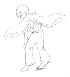 Size: 1069x1177 | Tagged: safe, artist:maxsilverfox, human, pegasus, pony, clothes, human to pony, looking back, pants, sketch, spread wings, traditional art, transformation, wings