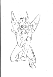 Size: 1063x1537 | Tagged: safe, artist:maxsilverfox, changeling, changeling queen, human, human to changeling, sketch, solo, spread wings, traditional art, transformation, wings