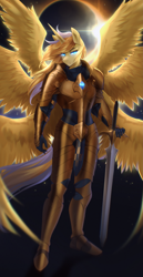 Size: 2027x3941 | Tagged: safe, artist:u_lu_lu, oc, oc:blazing sun, alicorn, seraph, seraphicorn, anthro, anthro oc, armor, multiple wings, transformation