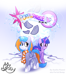 Size: 1500x1675 | Tagged: safe, artist:ossilia flawol, tree of harmony, twilight sparkle, oc, oc:portal bump, pegasus, pony, unicorn, g4, canon x oc, clothes, coat markings, companion cube, duo, duo female, female, heterochromia, logo, pegasus oc, portal (valve), scarf, ship:portalsparkle, tail, two toned mane, two toned tail, unicorn twilight, wings