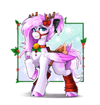 Size: 2372x2514 | Tagged: safe, artist:buvanybu, oc, oc:frost blush, pegasus, pony, bell, bell collar, cloven hooves, collar, female, holiday, holly, looking at you, mare, passepartout, pegasus oc, signature, smiling, smiling at you, solo