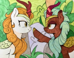 Size: 3844x3020 | Tagged: safe, artist:lispp, autumn blaze, cinder glow, summer flare, kirin, g4, my little pony: friendship is magic, sounds of silence, boop, cinderblaze, duo, duo female, female, horn, lesbian, raised hoof, shipping, smiling