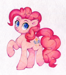 Size: 1120x1280 | Tagged: safe, artist:lispp, pinkie pie, earth pony, pony, g4, colored pupils, cute, diapinkes, ear fluff, female, leg fluff, looking at you, mare, raised hoof, raised leg, simple background, smiling, smiling at you, solo, standing on two hooves, traditional art