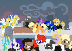 Size: 4093x2894 | Tagged: safe, alternate version, artist:jjsh, amethyst star, applejack, big macintosh, drizzle, jonagold, lemony gem, marmalade jalapeno popette, mjölna, princess celestia, princess luna, sparkler, twist, oc, oc:jennifer jones stars, oc:jetstream, oc:psalm, oc:stonewing, alicorn, earth pony, pegasus, pony, unicorn, g4, apple family member, armor, birthmark, clothes, cloud, coffin, crying, female, flower, funeral, glasses, grave, gravestone, guard, guardian, hat, high res, horn, male, mare, older twist, outdoors, rose, royal guard, sad, scar, snow, stallion, teary eyes, teeth, wings