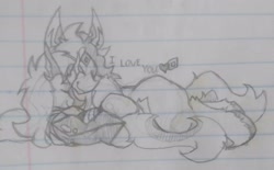 Size: 3103x1926 | Tagged: safe, artist:slashburztarts, oc, oc only, oc:lunar saintly, oc:slash burst, changeling, changeling queen, dracony, dragon, hybrid, pony, cuddling, cute, duo, eyes closed, female, heart, lying down, male, mare, monochrome, oc x oc, shipping, smiling, stallion, traditional art