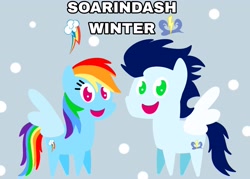 Size: 3485x2498 | Tagged: safe, anonymous artist, derpibooru exclusive, rainbow dash, soarin', pegasus, pony, series:soarindash winter, female, looking at you, male, mare, pointy ponies, ship:soarindash, shipping, smiling, smiling at you, snow, snowflake, stallion, straight, text