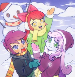 Size: 1972x2021 | Tagged: safe, artist:nimingxiwang168, apple bloom, scootaloo, sweetie belle, human, equestria girls, g4, :d, carrot, christmas, clothes, cutie mark crusaders, earmuffs, food, gloves, hand up, hat, holiday, hood down, hoodie, long sleeves, open mouth, open smile, outdoors, pants, santa hat, scarf, skirt, smiling, snow, snowman, winter coat, winter outfit