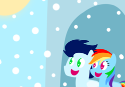 Size: 3536x2446 | Tagged: safe, anonymous artist, derpibooru exclusive, rainbow dash, soarin', pegasus, pony, series:soarindash all seasons, series:soarindash winter, g4, female, male, mare, pointy ponies, ship:soarindash, shipping, snow, snowflake, stallion, straight