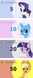 Size: 6000x14190 | Tagged: safe, artist:the smiling pony, edit, applejack, rarity, trixie, twilight sparkle, derpibooru, g4, banknote, banknotes, bits, cutie mark, meta, pun, spoiler image, spoilered image joke