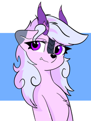 Size: 3000x4000 | Tagged: safe, artist:riley_draws_, oc, oc only, oc:glacie, kirin, chest fluff, fangs, female, kirin oc, pink coat, purple eyes, simple background, smiling, solo, solo female