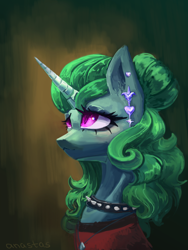 Size: 3000x4000 | Tagged: safe, artist:anastas, oc, oc only, oc:nox terrorem, pony, unicorn, bust, choker, clothes, collar, ear piercing, eyelashes, female, gift art, gradient background, horn, jewelry, makeup, mare, necklace, piercing, portrait, smiling, solo, solo female, spiked choker, spiked collar, sternocleidomastoid