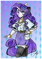 Size: 2500x3450 | Tagged: safe, artist:seuris1, rarity, unicorn, anthro, g4, bracelet, eye clipping through hair, female, hand on hip, horn, human facial structure, jewelry, passepartout, purse, signature, smiling, solo