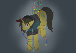 Size: 3508x2480 | Tagged: safe, artist:ollie sketchess, oc, oc only, unnamed oc, pony, unicorn, christmas, christmas lights, clothes, commission, energy sword, holiday, horn, simple background, trapped, weapon