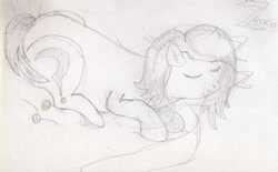 Size: 1918x1192 | Tagged: safe, artist:zenco, oc, oc:filly anon, bed, black and white, cute, female, filly, grayscale, monochrome, onomatopoeia, pencil, sleeping, sound effects, traditional art, zzz