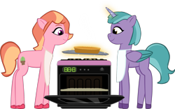 Size: 2136x1331 | Tagged: safe, shiny sparks, strawberry blonde, earth pony, pony, g5, apron, clothes, female, food, magic, mare, oven, pie