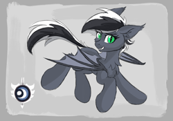 Size: 1818x1271 | Tagged: safe, artist:atlas-66, oc, oc only, oc:q'pon, bat pony, pony, bat wings, chest fluff, cutie mark, ear fluff, fangs, looking at you, simple background, smiling, wings