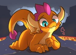 Size: 1200x873 | Tagged: safe, artist:pabbley, smolder, dragon, g4, cave, colored, cute, fangs, heart, lava, looking at you, lying down, prone, raised tail, shading, smiling, smolderbetes, solo, tail