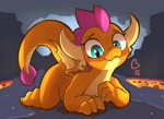 Size: 1200x873 | Tagged: safe, artist:pabbley, smolder, dragon, g4, cave, colored, fangs, heart, lava, looking at you, lying down, prone, raised tail, shading, smiling, solo, tail