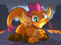 Size: 3000x2183 | Tagged: safe, artist:pabbley, smolder, dragon, g4, cave, choker, clothes, colored, fangs, heart, lava, looking at you, lying down, prone, raised tail, shading, smiling, solo, stockings, tail, thigh highs