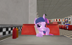 Size: 1920x1200 | Tagged: safe, artist:puzzlshield2, twilight sparkle, alicorn, pony, g4, my little pony: friendship is magic, season 6, the saddle row review, 2d to 3d, 3d, comedy, crossover, cute, diner, grin, mmd, recreation, sitting, smg3, smg4, smiling, twilight being twilight, twilight sparkle (alicorn), watching from a distance