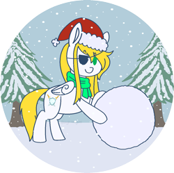 Size: 1089x1086 | Tagged: safe, artist:angie imagines, oc, oc only, oc:swift wing, pegasus, pony, blonde, blonde hair, christmas, clothes, eyepatch, female, hat, holiday, pegasus oc, pine tree, santa hat, scarf, simple background, snow, snowball, snowfall, solo, tree, winter, winter outfit