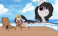 Size: 1781x1098 | Tagged: safe, artist:nootaz, oc, oc only, oc:elinvar, oc:inkenel, oc:oretha, pony, unicorn, beach chair, chair, cruise ship, horn, ocean, relaxing, swimming, water