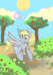 Size: 992x1403 | Tagged: safe, artist:anykoe, derpy hooves, pegasus, g4, bubble, cute, derp, female, flower, flying, forest background, signature, smiling, solo