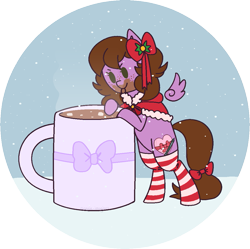 Size: 1089x1086 | Tagged: safe, artist:angie imagines, oc, oc only, oc:befish, pegasus, bow, chocolate, clothes, coat, commission, female, food, hair bow, hot chocolate, jacket, messy, mug, pegasus oc, snow, snowfall, socks, solo, standing on two hooves, striped socks, tail, tail bow, winter, winter outfit