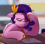 Size: 1895x1861 | Tagged: safe, artist:maren, pipp petals, pegasus, pony, g5, blurry background, crying, diadem, eyes closed, female, floppy ears, headband, how do hooves work?, indoors, jewelry, lips, mare, messy mane, pen, regalia, royalty, sad, unshorn fetlocks