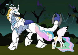 Size: 1414x1000 | Tagged: safe, artist:zetikoopa, prince blueblood, princess celestia, alicorn, pony, g4, female, male, mare, monster prince blueblood, outdoors, sad, species swap