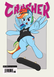 Size: 1871x2636 | Tagged: safe, artist:eels, rainbow dash, pegasus, pony, g4, backwards ballcap, baseball cap, cap, clothes, female, full body, hat, looking at you, magazine cover, mare, open mouth, passepartout, ponified, shirt, skateboard, solo, spread wings, t-shirt, thrasher, thrasher magazine, wings