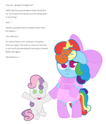 Size: 3000x3500 | Tagged: safe, artist:snowflakepone, rainbow dash, sweetie belle, pegasus, pony, unicorn, g4, adult, clothes, diaper, diaper fetish, doll, dress, duo, fanfic art, female, fetish, filly, foal, frilly dress, horn, implied rarity, mare, non-baby in diaper, pink dress, redesign, simple background, toy