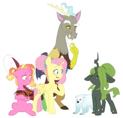 Size: 1023x983 | Tagged: safe, artist:chub-wub, discord, fluttershy, luster dawn, oc, oc:chester (piglet), oc:snowflake (bear), oc:wisteria, bear, changeling, changeling queen, draconequus, pig, pony, unicorn, fanfic:product of friendship, g4, beard, black and green, changeling oc, changeling queen oc, eye clipping through hair, eyebrows, eyebrows visible through hair, eyes closed, facial hair, fanfic art, fangs, female, female oc, filly, floppy ears, foal, folded wings, green changeling, horn, looking at someone, male, proud, raised hoof, simple background, sitting, spread wings, standing, unamused, unicorn oc, white background, wings, yellow eyes