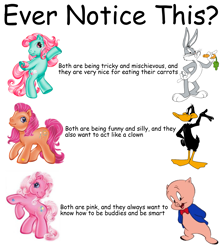 Size: 1777x1992 | Tagged: safe, edit, minty, pinkie pie (g3), sparkleworks, bird, duck, earth pony, pig, pony, rabbit, g3, animal, black text, bugs bunny, daffy duck, female, looney tunes, male, mare, merrie melodies, porky pig, separated at birth, simple background, text, white background