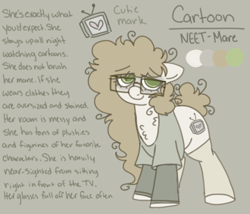 Size: 700x600 | Tagged: safe, artist:php193, oc, oc only, oc:cartoon, earth pony, bags under eyes, frizzy hair, glasses, long mane, neet, reference sheet, tail, tail bun