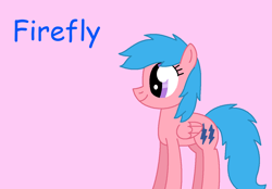 Size: 1310x911 | Tagged: safe, artist:robertwilliams2006, firefly, pegasus, pony, g1, g4, blue text, closed mouth, cute, female, flyabetes, folded wings, g1 to g4, generation leap, mare, pink background, simple background, smiling, solo, text, wings