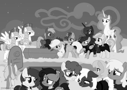 Size: 4093x2894 | Tagged: safe, alternate version, artist:jjsh, amethyst star, applejack, big macintosh, drizzle, jonagold, lemony gem, marmalade jalapeno popette, mjölna, princess celestia, princess luna, sparkler, twist, oc, oc:jennifer jones stars, oc:jetstream, oc:psalm, oc:stonewing, alicorn, earth pony, pegasus, pony, unicorn, g4, apple family member, armor, birthmark, black and white, clothes, cloud, coffin, crying, female, flower, funeral, glasses, grave, gravestone, grayscale, guard, guardian, hat, high res, horn, male, mare, monochrome, older twist, outdoors, rose, royal guard, sad, scar, snow, stallion, teary eyes, teeth, wings