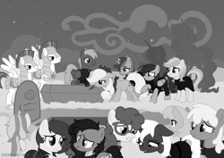 Size: 4093x2894 | Tagged: safe, alternate version, artist:jjsh, amethyst star, applejack, big macintosh, drizzle, jonagold, lemony gem, marmalade jalapeno popette, mjölna, princess celestia, princess luna, sparkler, twist, oc, oc:jennifer jones stars, oc:jetstream, oc:psalm, oc:stonewing, alicorn, earth pony, pegasus, pony, unicorn, g4, apple family member, armor, birthmark, black and white, clothes, cloud, coffin, crying, female, flower, funeral, glasses, grave, gravestone, grayscale, guard, guardian, hat, high res, horn, male, mare, monochrome, older twist, outdoors, rose, royal guard, sad, scar, snow, stallion, teary eyes, teeth, wings