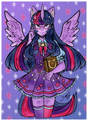 Size: 2567x3542 | Tagged: safe, artist:seuris1, twilight sparkle, alicorn, anthro, g4, clothes, female, glasses, human facial structure, looking at you, mismatched socks, passepartout, skirt, socks, solo, spread wings, twilight sparkle (alicorn), wings