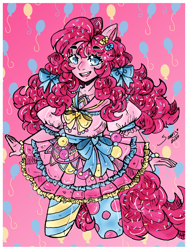 Size: 2613x3479 | Tagged: safe, artist:seuris1, pinkie pie, earth pony, anthro, g4, bow, clothes, eyebrows, eyebrows visible through hair, female, human facial structure, looking at you, mismatched socks, passepartout, polka dot socks, signature, skirt, smiling, smiling at you, socks, solo, striped socks