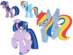 Size: 1024x768 | Tagged: safe, artist:kharmacal, rainbow dash, twilight sparkle, twilight twinkle, pegasus, pony, unicorn, g4, blue eyes, chest fluff, colored hooves, duo, duo female, female, flying, hair over one eye, hooves, horn, pixel-crisp art, production art, purple eyes, rainbow cyclone, redesign, unshorn fetlocks