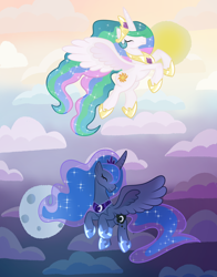 Size: 3300x4200 | Tagged: safe, artist:annuthecatgirl, princess celestia, princess luna, alicorn, g4, cloud, flying, gradient background, redraw, sky, sky background